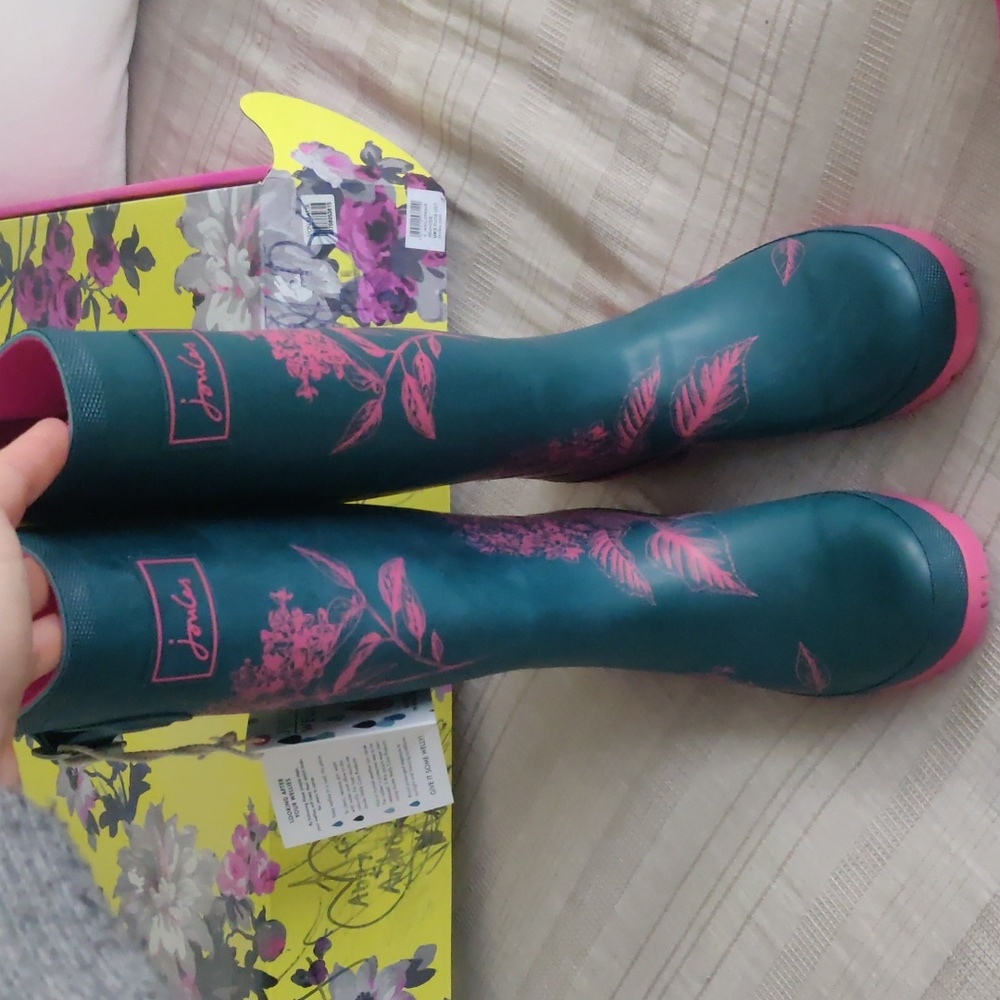 Joules Teal and Pink Hydrangea BootsJoules Women's Welly Print Rain Boot Sz 7 - Picture 3 of 16